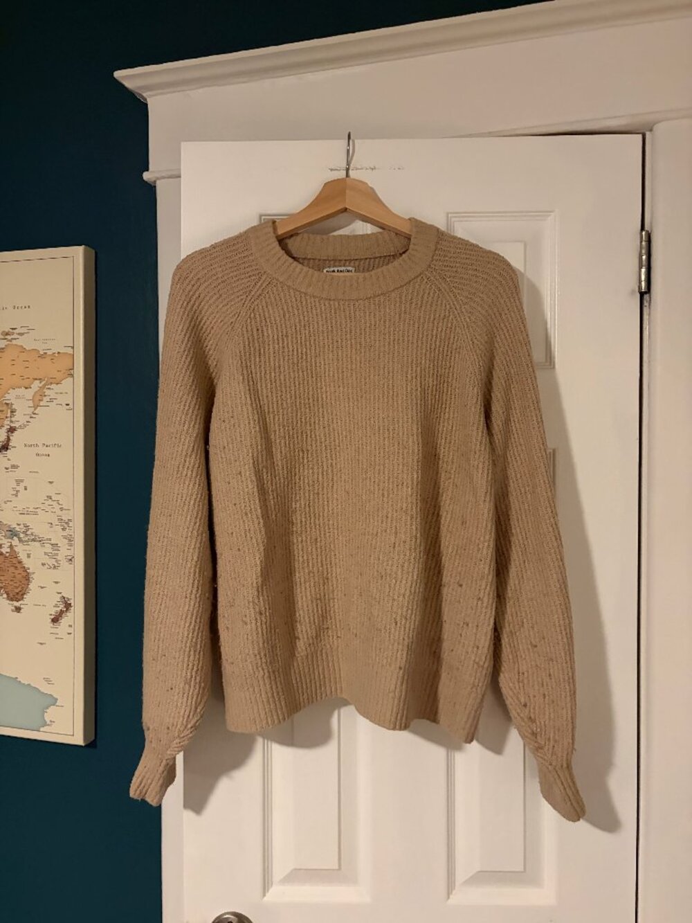 Frank And Oak Beige Ribbed Knit Crewneck Sweater Oversized Balloon Sleeve Sz M